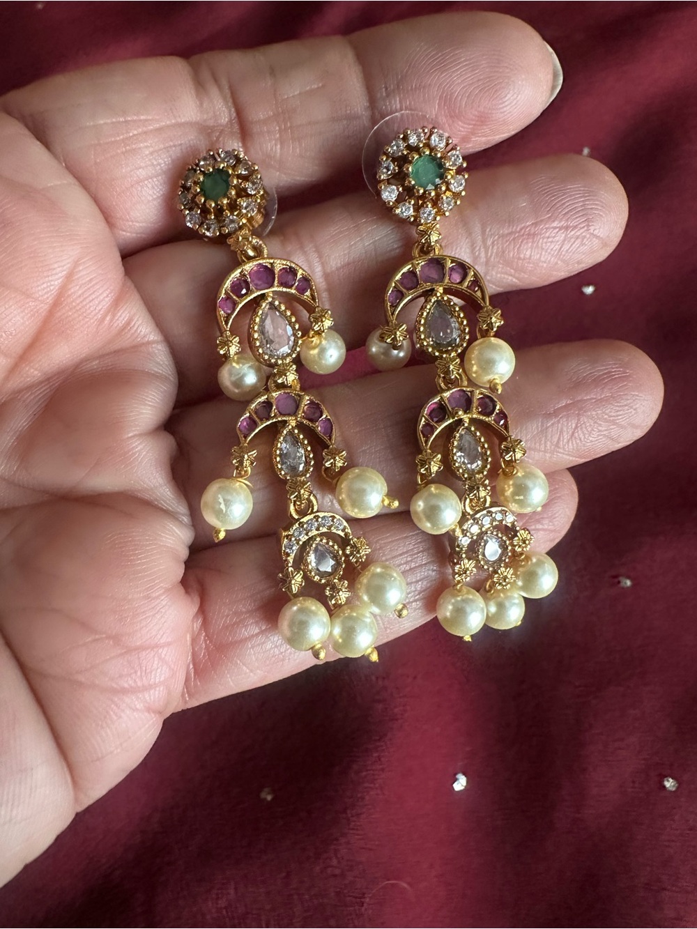 NWOT! Gold-tone, multicolor dangle, pearls Bollywood Bridal Kundan Earrings